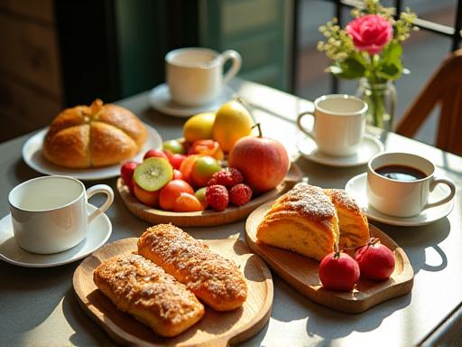 Ein reichhaltiges Frühstück mit Gebäck, Früchten und Kaffee, an einem sonnigen Tisch im Café serviert.